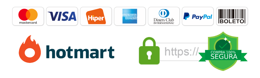 Formas de pagamento aceitas - Mastercard, Visa, Hiper, American Express, Diners Club, PayPal, Boleto